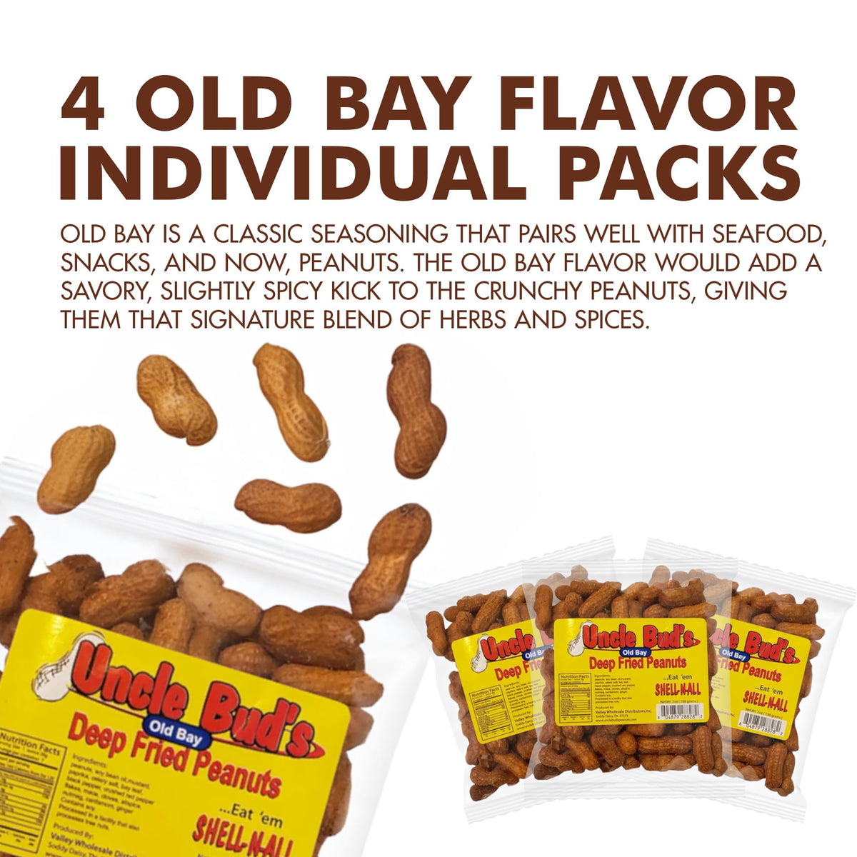 Uncle Bud'S Deep Fried Peanuts In Shell (4-Pack) | Old Bay Seasoning Peanuts, Peanuts Individual Packs, Spicy Peanuts, Nuts Indi