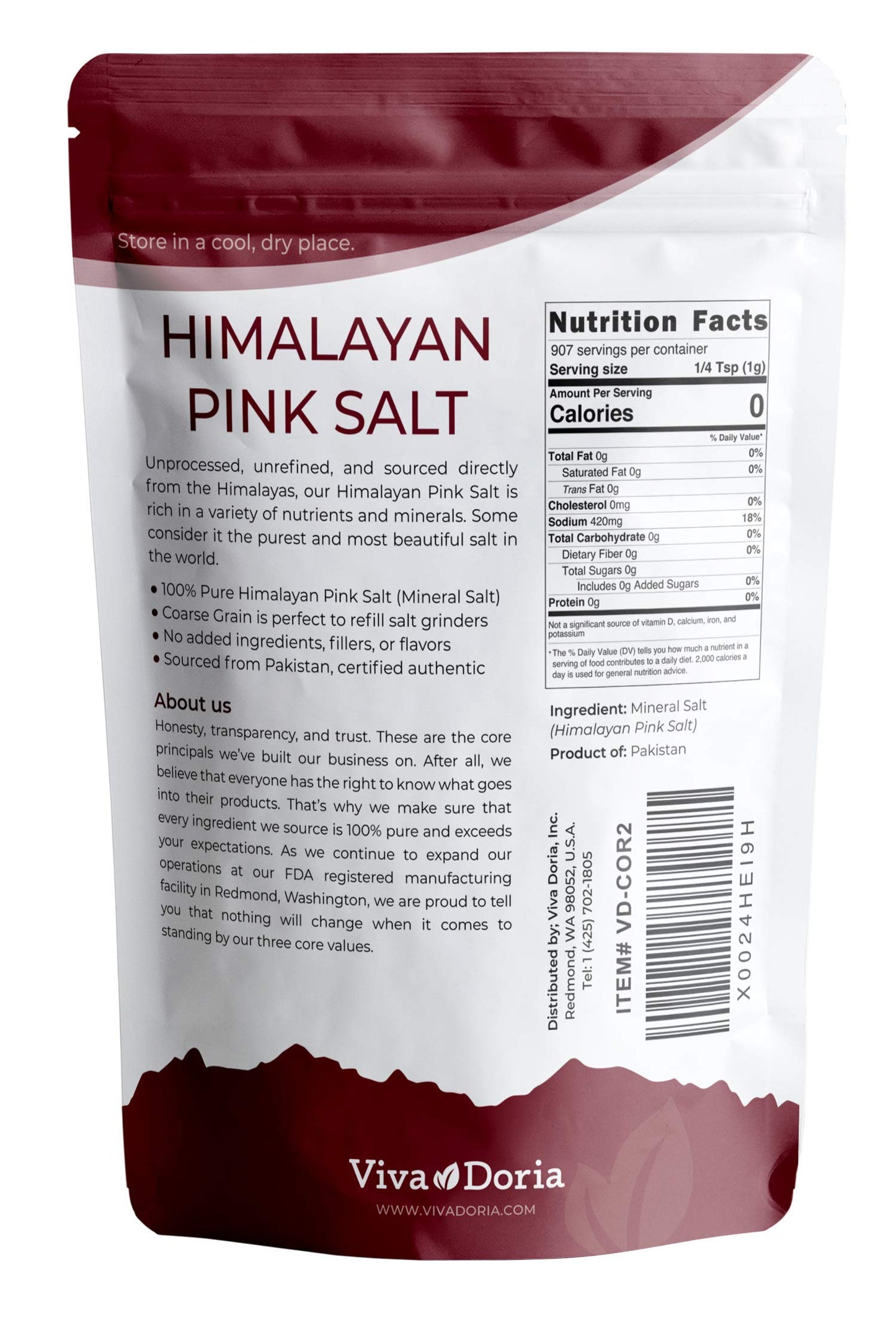 Viva Doria Himalayan Pink Salt, Coarse Grain, 2 lb (907 g) - Certified Authentic for Grinder Refills