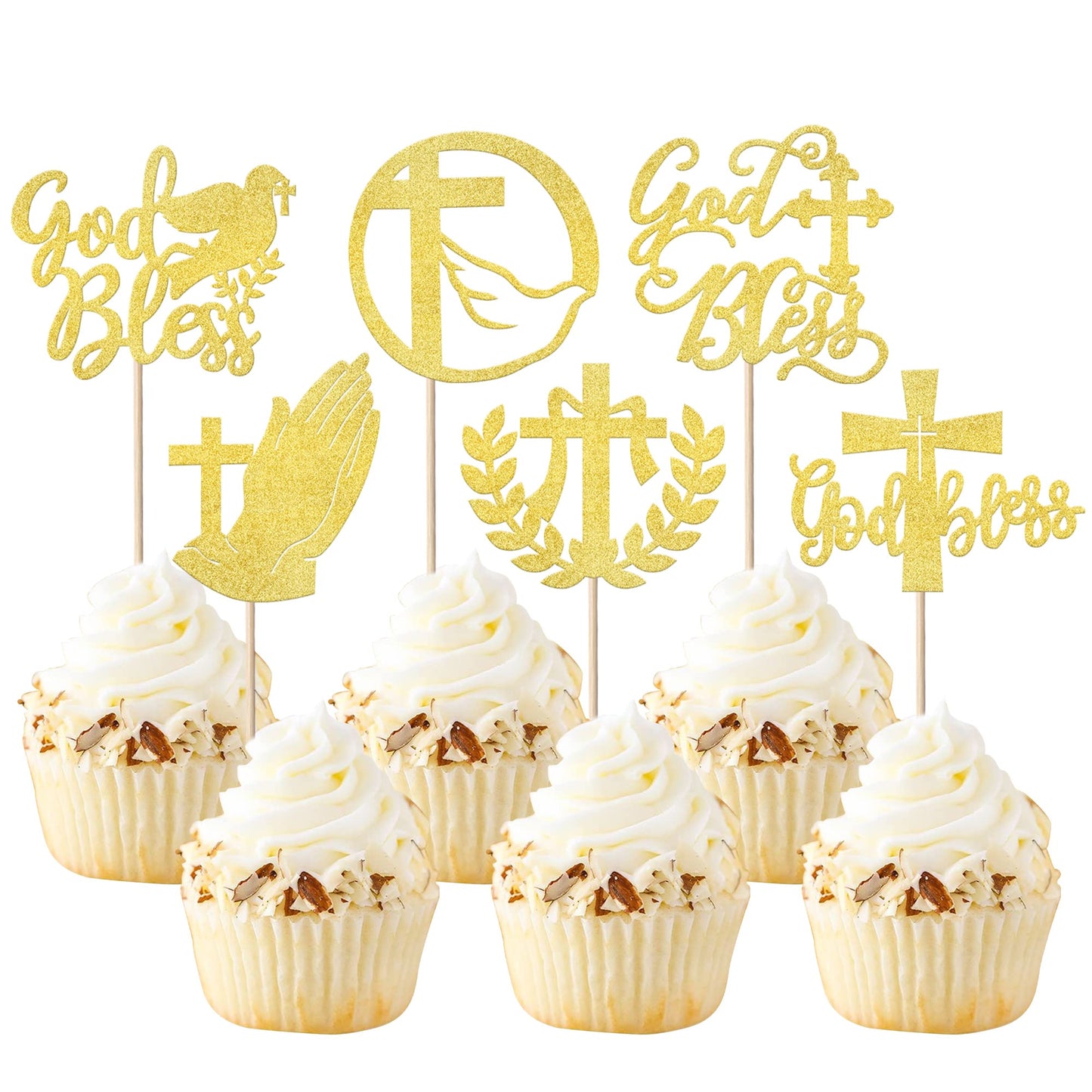 YCTHUNFISH Cupcake Toppers Glitter Cross Decorations, 2.2x2.3 inches, Gold, for Religious Theme Party and Baby Showers