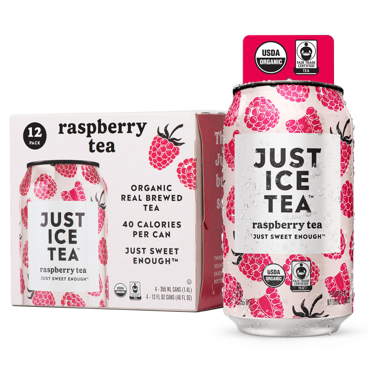 Just Ice Tea, Raspberry Flavored Black Iced Tea, 12-Pack (12oz Cans), USDA Certified Organic, Low Calorie, No Artificial Sweeten