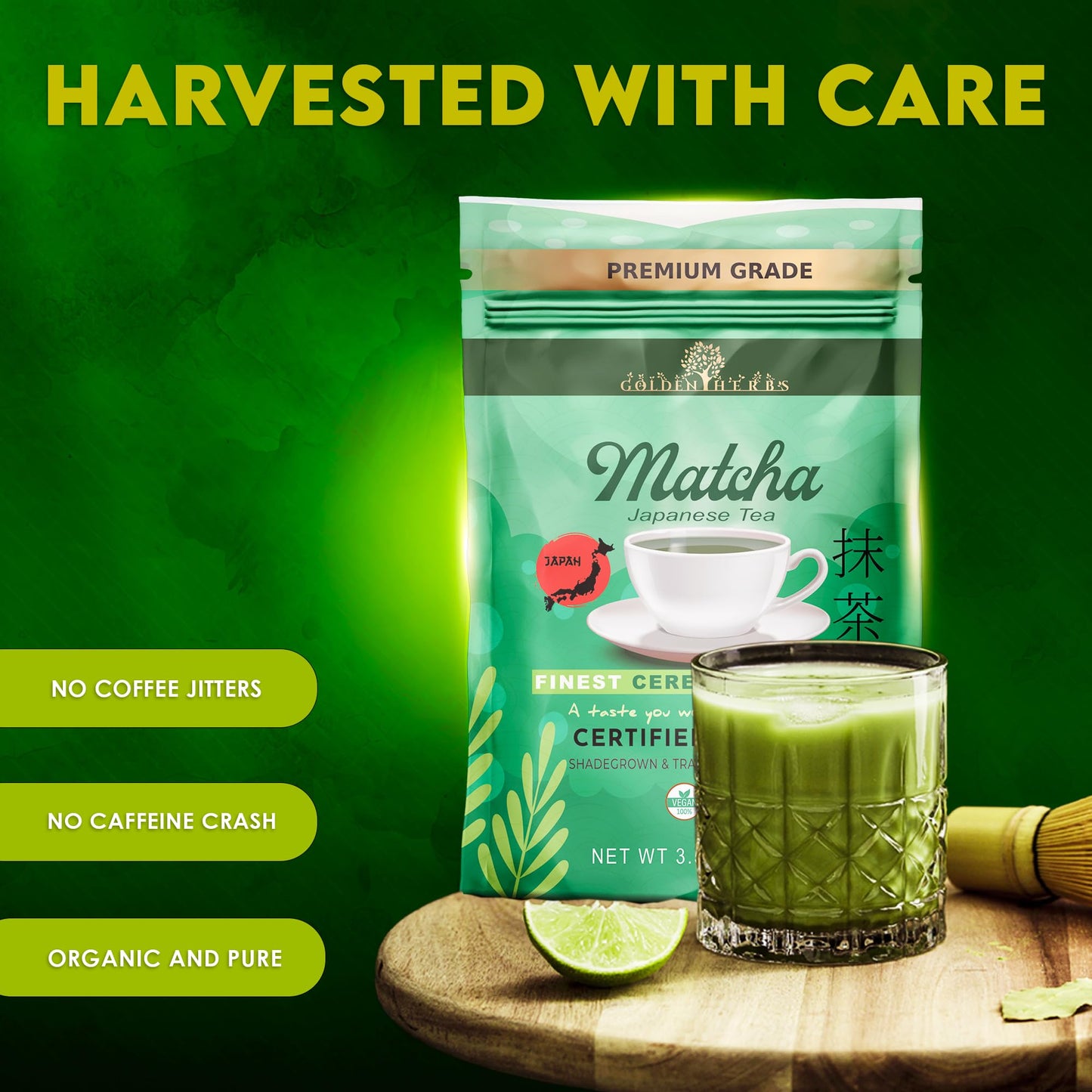 GOLDEN HERBS Matcha Green Tea Powder, USDA Organic, Gluten-Free, 100% Pure, 120 Grams, Resealable Pouch