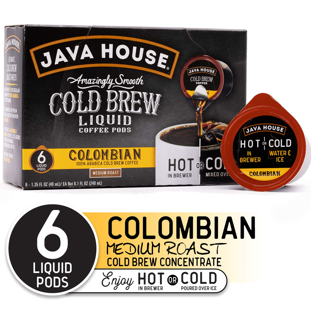 Java House Cold Brew Coffee, Colombian Medium Roast Coffee Concentrate Liquid Pods - 1.35 Fluid Ounces (6 Count) Enjoy Hot Or Ic