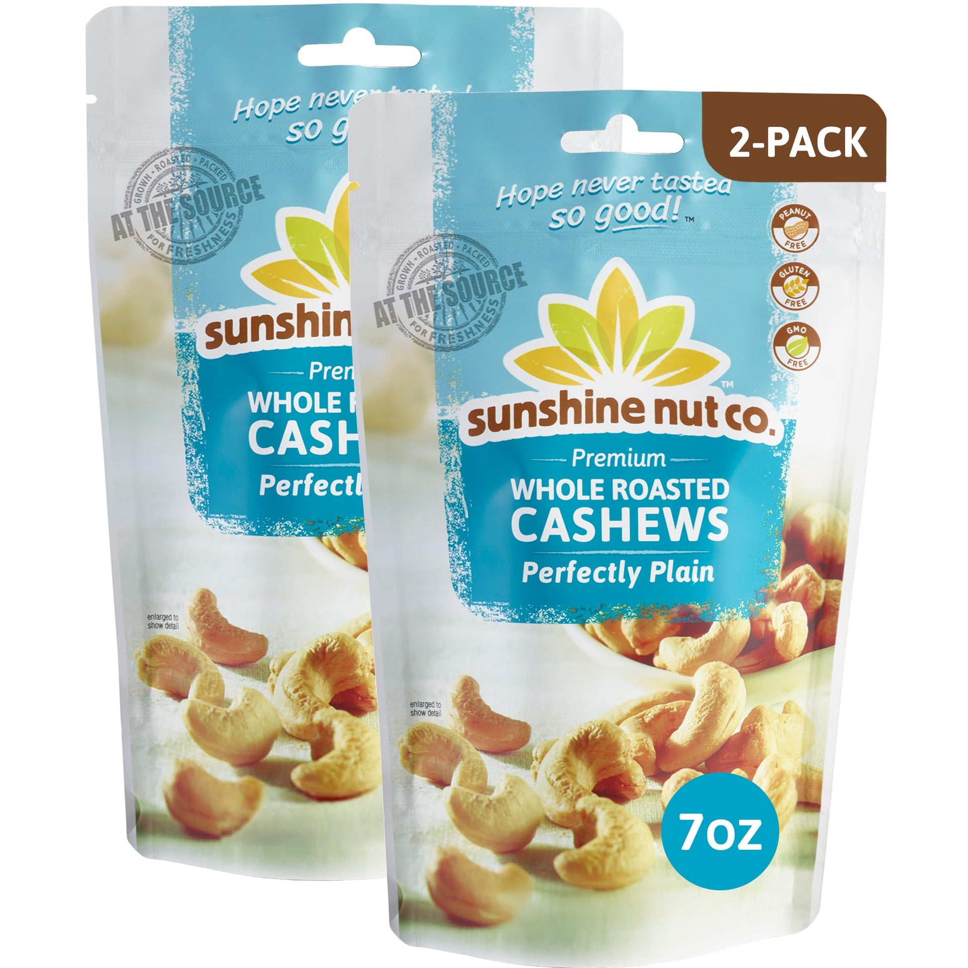 Sunshine Nut Company Whole Roasted Cashews, Perfectly Plain Flavor, No Added Salt, 2 Pack, 7 oz. Each, Gluten Free, Peanut Free 
