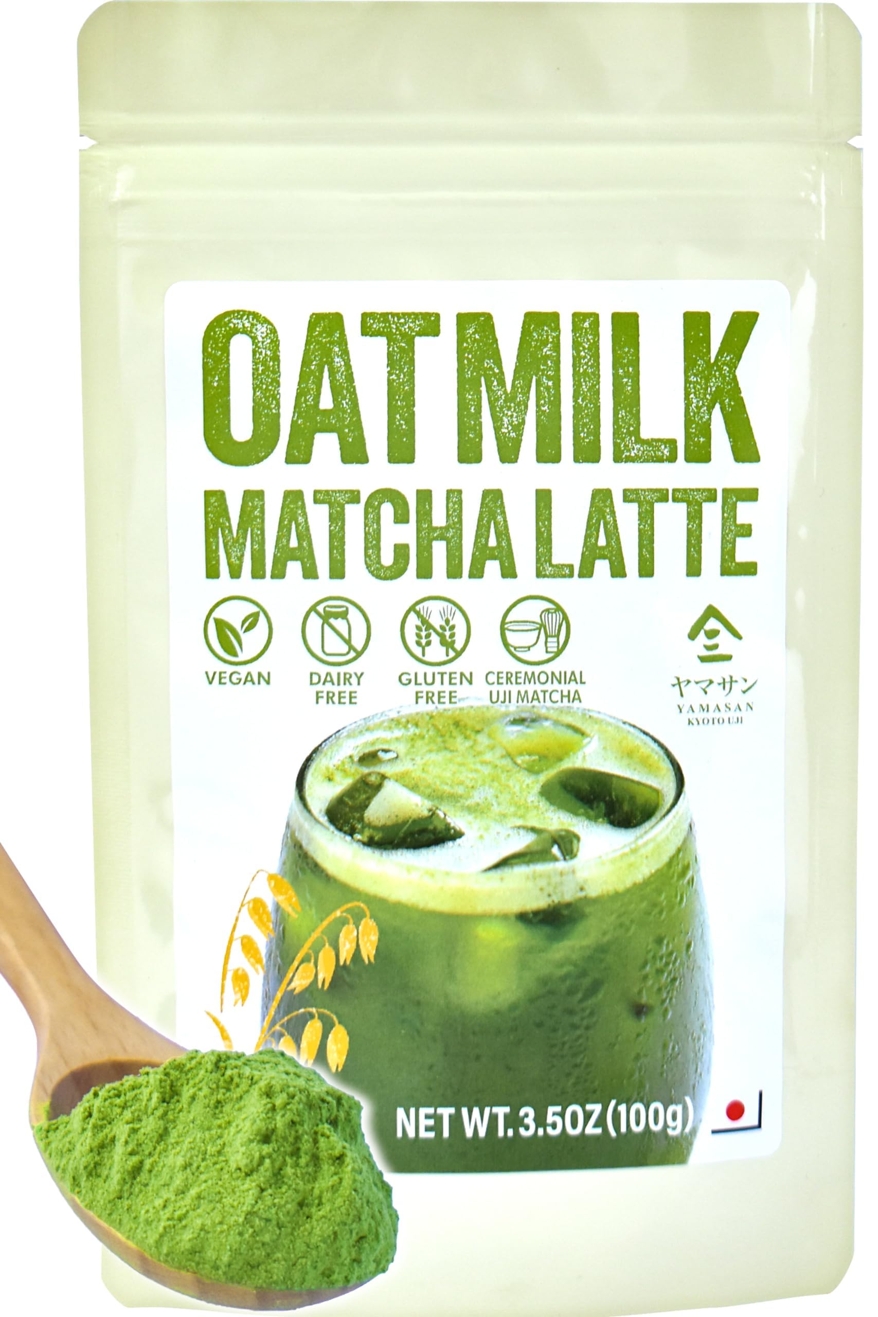 Yamasan Kyoto Uji Japanese Oat Milk Matcha Latte  Uji Matcha Ceremonial Grade With Oat Milk Instant Latte Mix  Dairy-Free  100% Plant Based  Vegan  Gluten-Free  No Refined Sugar  Made In Japan 3.5Oz(100G)