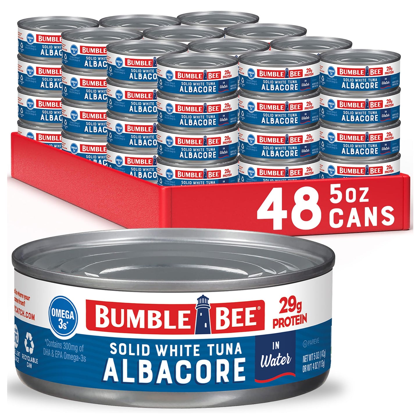 Bumble Bee Solid White Albacore Tuna in Water, 5 oz Can, Pack of 48 - Non-GMO, Gluten Free, Kosher, 29g Protein per Serving