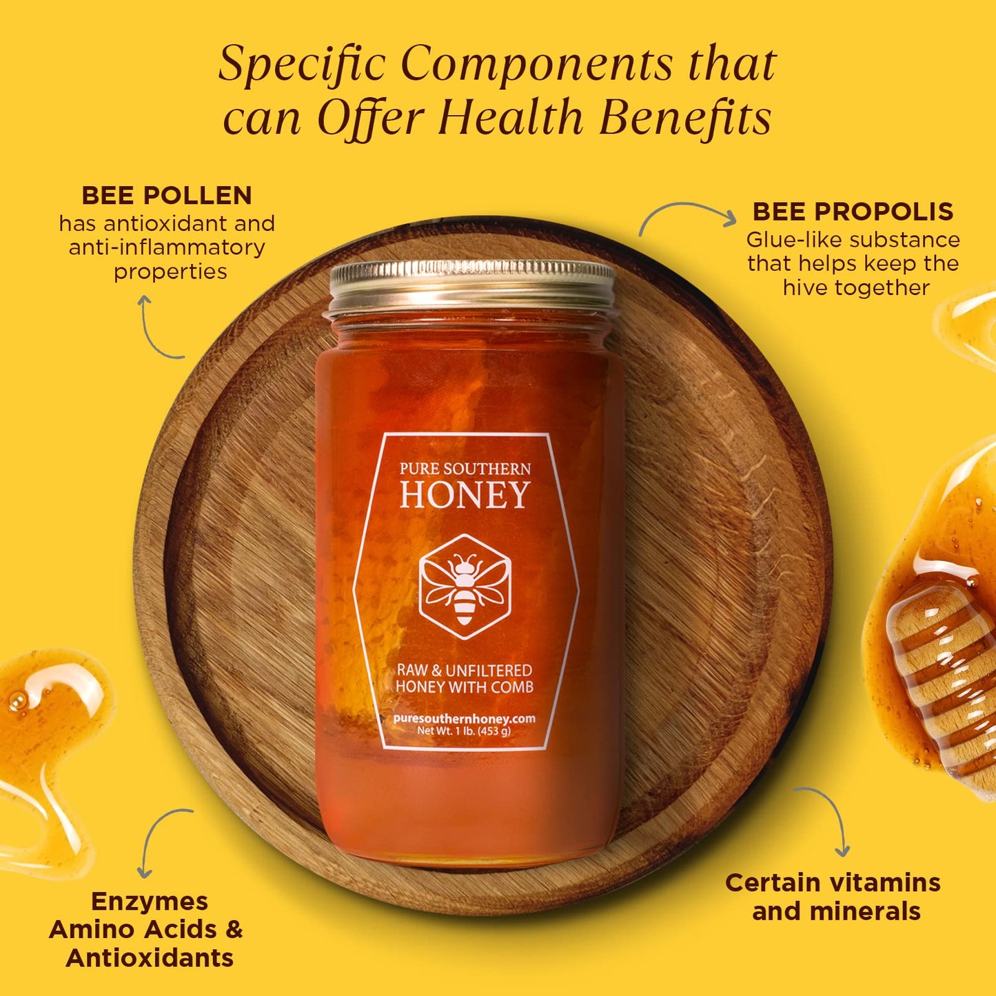 Pure Southern Honey Raw Unfiltered Honey with Honeycomb, 16 oz, Non-GMO, Sugar-Free, Authentic USA Gallberry Honey