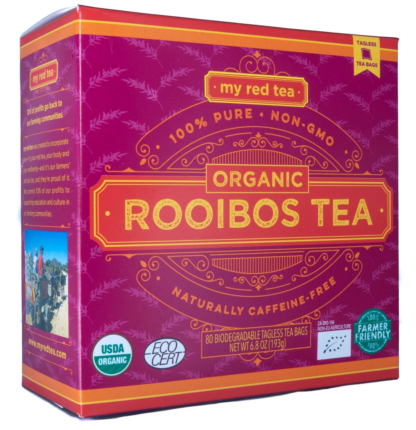 MY RED TEA Organic Rooibos Tea, Caffeine-Free, 80 Tagless Teabags, 6.8 Ounce, Sustainably Farmed in South Africa, Red