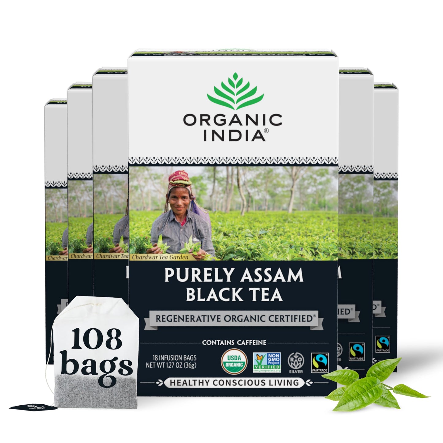 Organic India Purely Assam Black Tea - Caffeinated Herbal Tea Bags With Natural Assam Leaves  Enjoy With Milk & Sweetener  Usda Organic  Non-Gmo  Fairtrade Certified - 18 Bags (Pack Of 6)