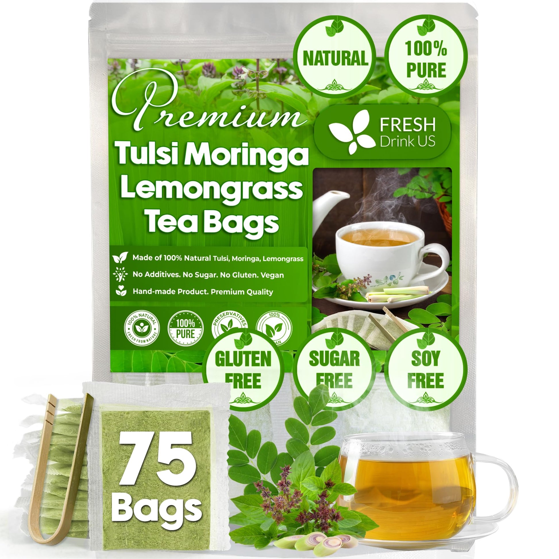 FRESHDRINKUS Premium Tulsi Moringa Lemongrass Tea, 100% Natural, Vegan, 75 Tea Bags