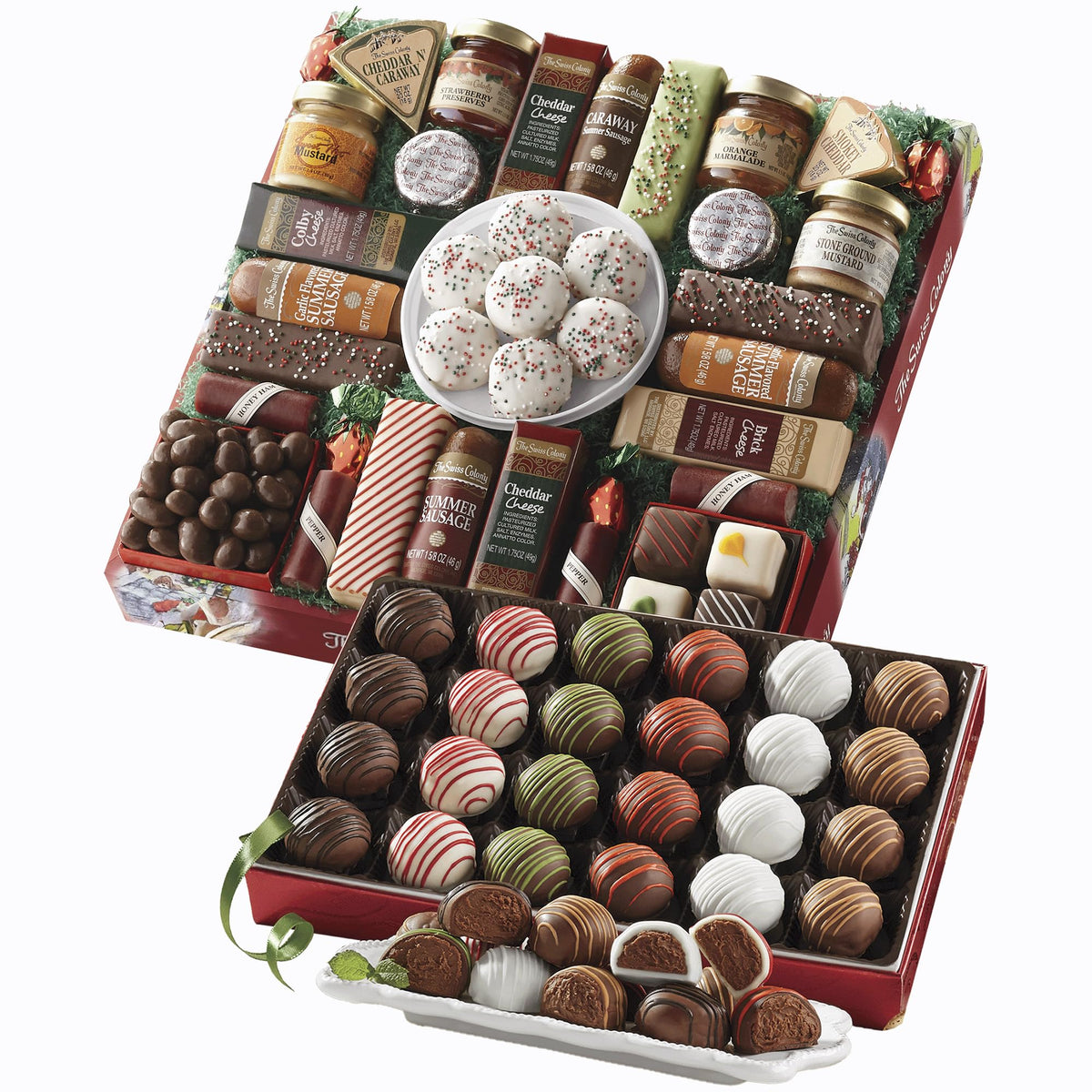 The Swiss Colony 27 Favorites And 24 Flavor Blend Truffles Christmas Gift Bundle - Assorted Cheeses  Candies  Chocolates  Summer Sausage Meats With 24 Flavor Blend Flavored Truffles