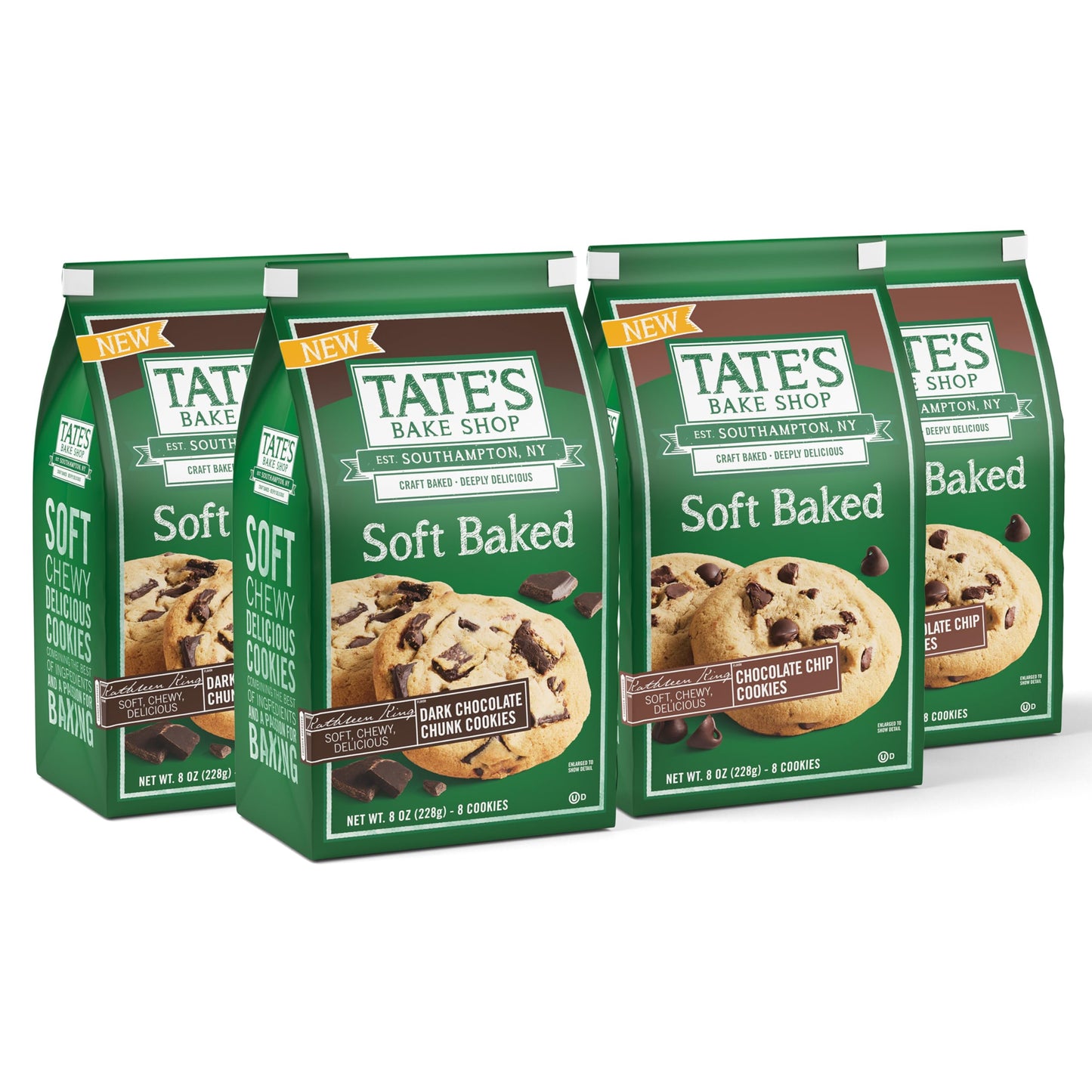 Tates Bake Shop Soft Baked Cookies Variety Pack - Dark Chocolate Chunk & Chocolate Chip, 4-8 oz Bags, 10 x 15 x 8 inches