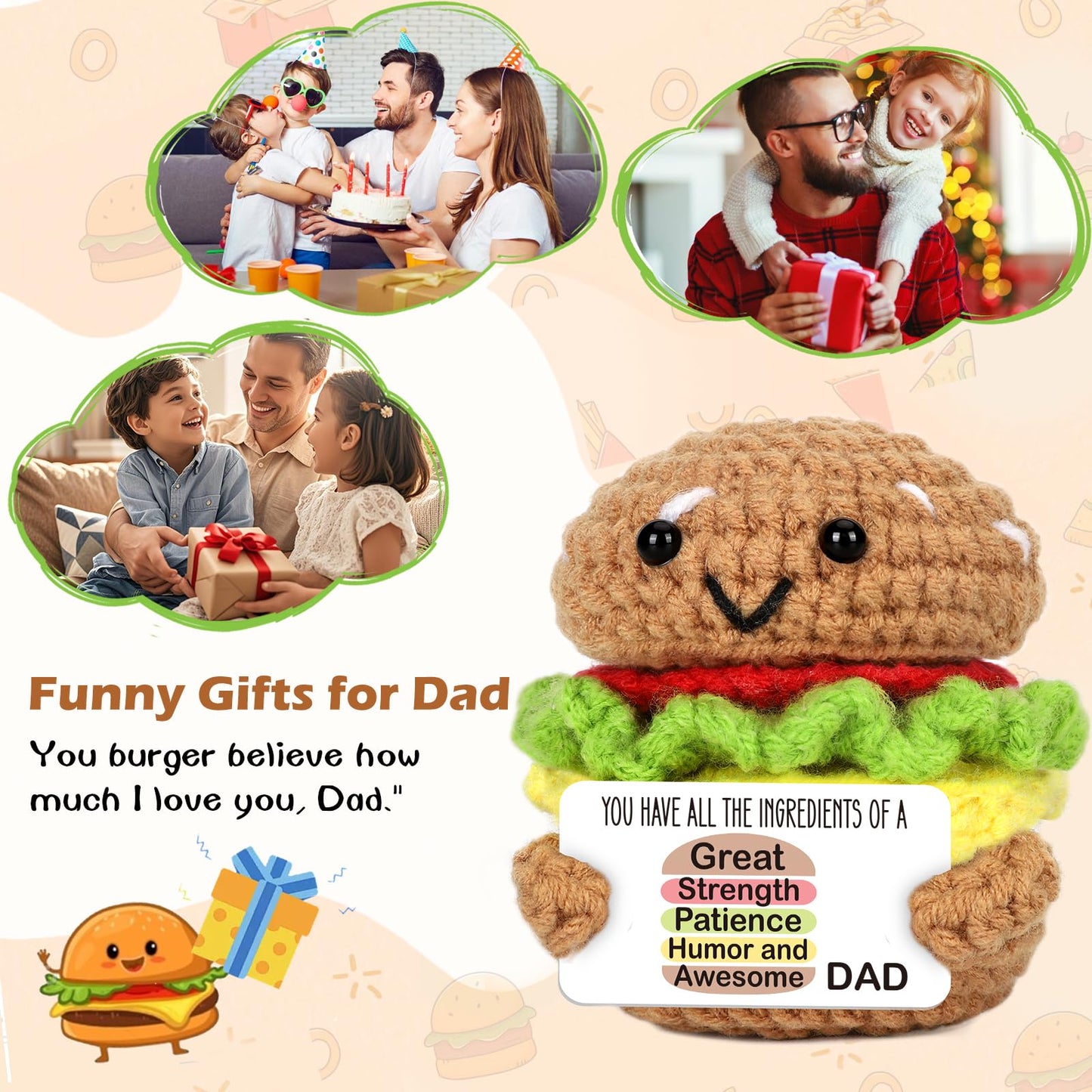 AVBODA Mini Dad Gifts for Birthday Christmas Handmade Crochet Burger for Father Hasband New Daddy Step Bonus Dad First Time Fath