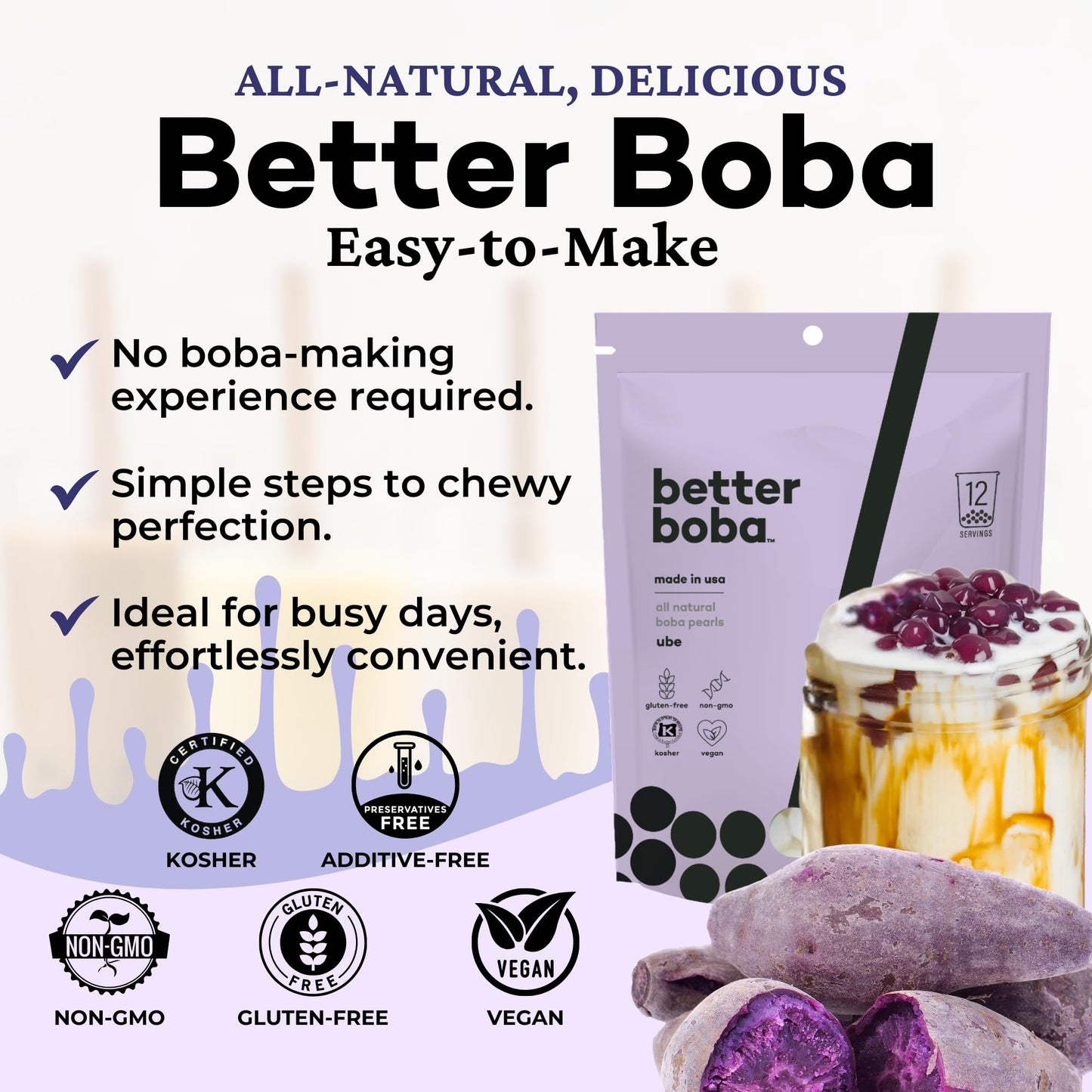 Better Boba Ube Popping Boba Pearls 8 Oz | Kosher, Vegan, Gluten-Free, Non-GMO | Perfect for Bubble Tea & Desserts