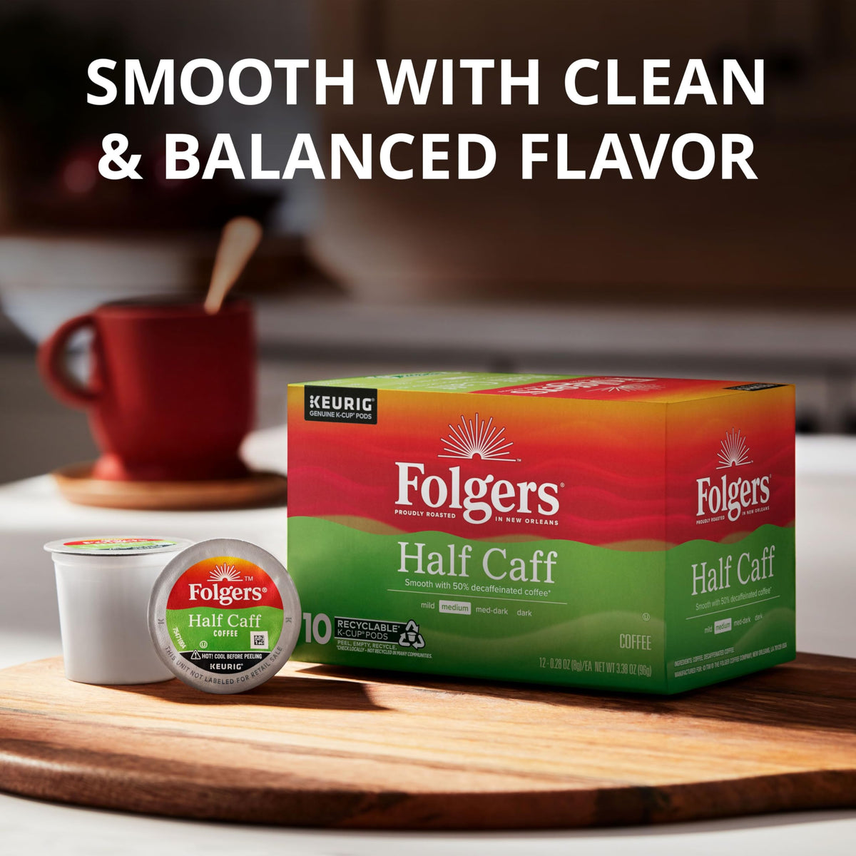 Folgers Half Caff Medium Roast Coffee K-Cup Pods, 10 Count, Pack of 6