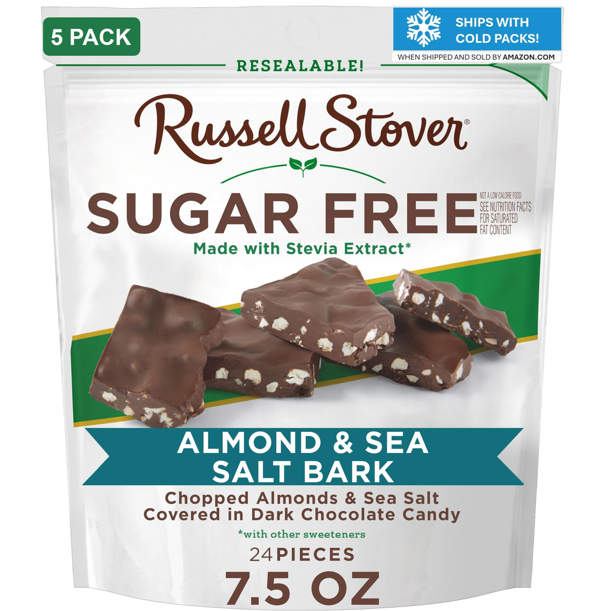 RUSSELL STOVER Sugarfree Dark Chocolate Almond & Sea Salt Bark, 7.5 oz bag, 5 Pack