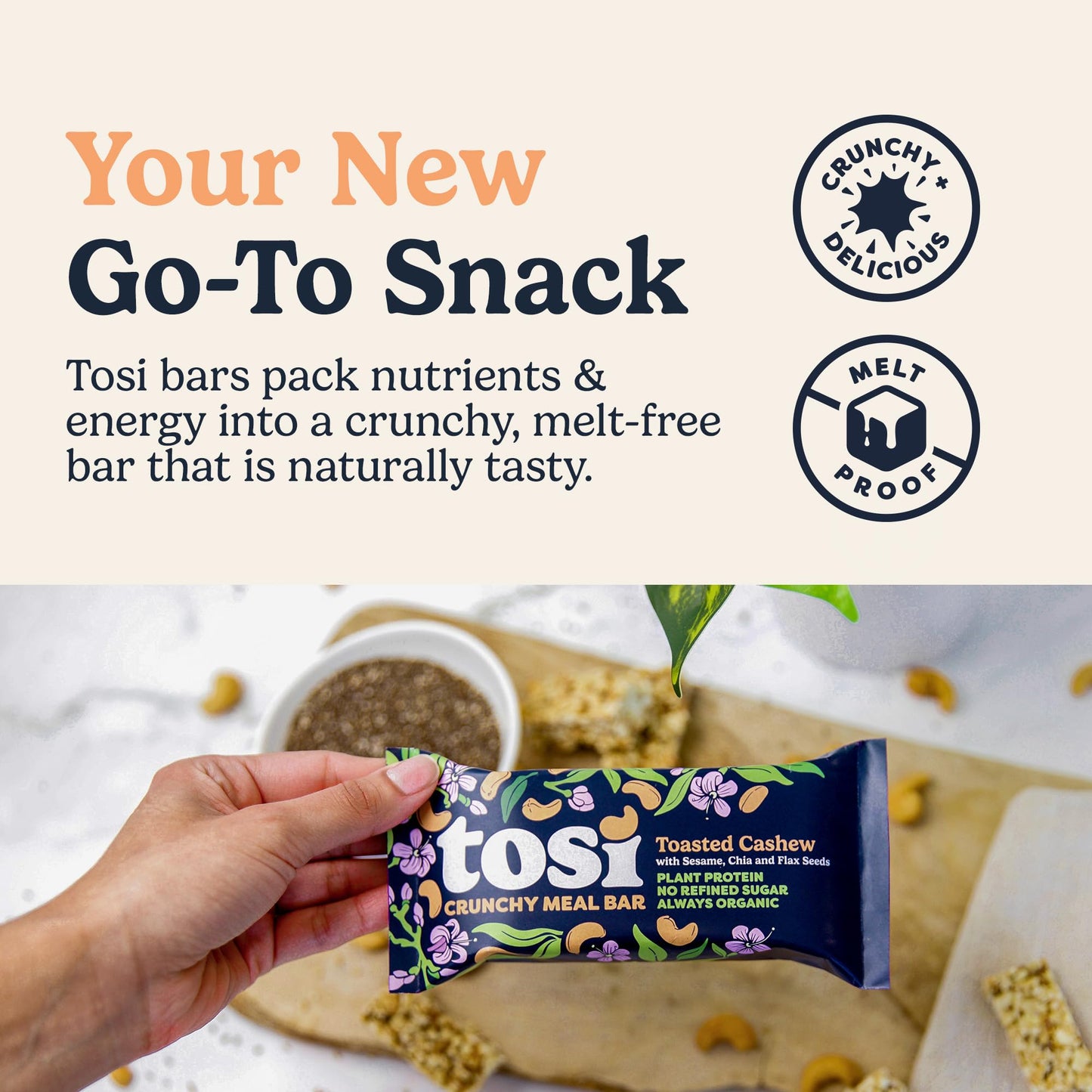 Tosi Meal Bars - Toasted Cashew, Crunchy Nut & Seed Vegan Snack Bars, 14g Plant Based Protein, Organic, Dairy, Soy & Gluten Free