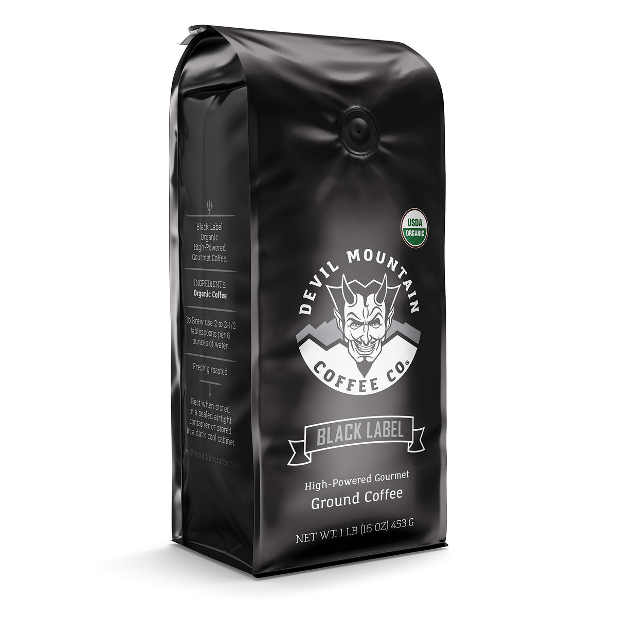 Devil Mountain Coffee Black Label Dark Roast Ground Coffee, USDA Organic, 16 oz Bag