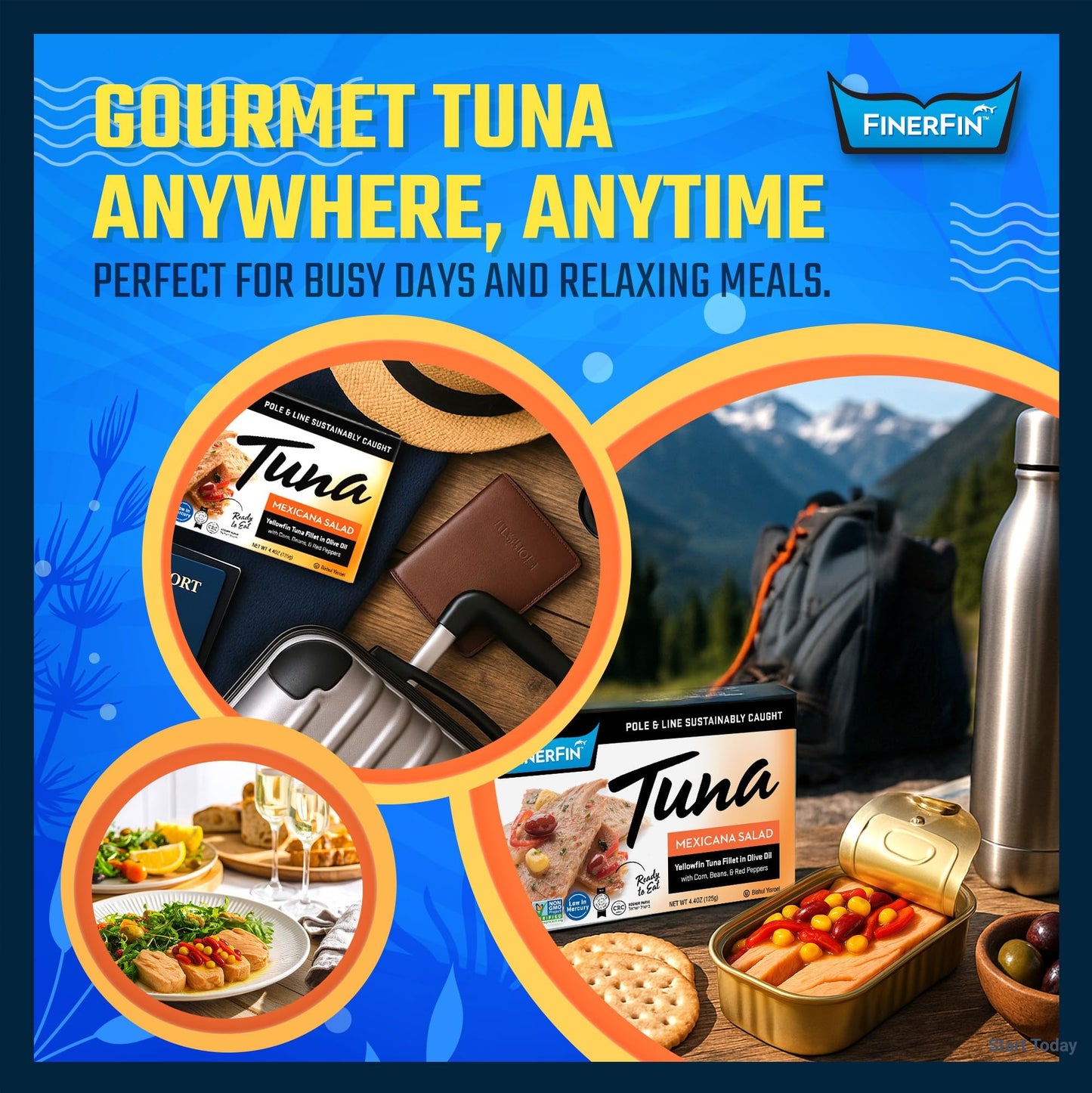 FinerFin Yellowfin Tuna in Organic Olive Oil, Mexicana Salad Flavor, 4.4oz Can, Pack of 6, Gourmet Ready-to-Eat Wild-Caught Fish