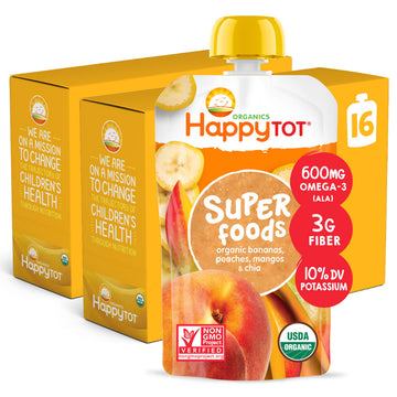 HAPPYTOT Organics Stage 4 Baby Food Pouches, Gluten Free, Vegan Snack, SuperFoods Fruit & Veggie Puree, Bananas, Peaches, Mangos & Chia, 4.22 Ounce (Pack of 16)