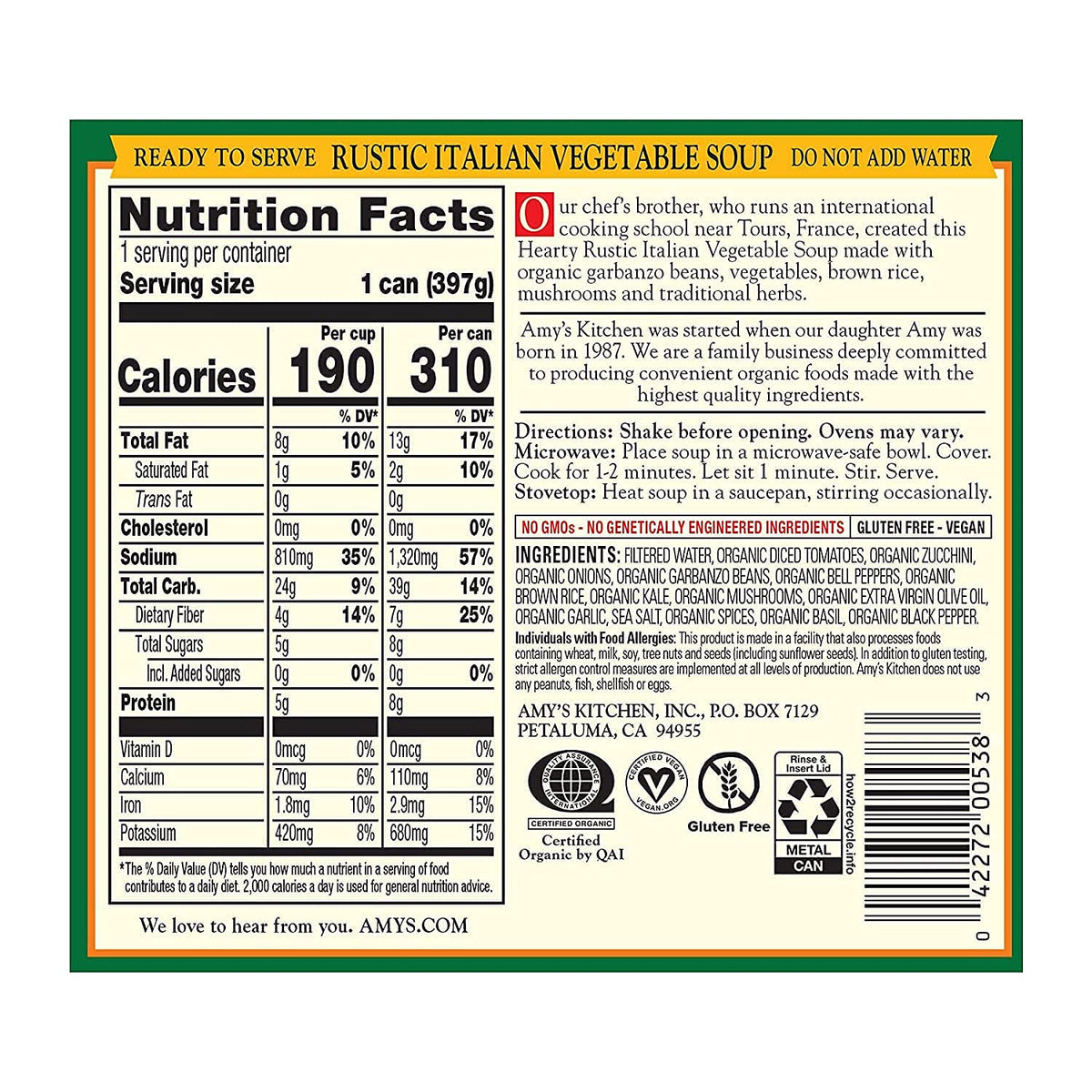 Amys Soup, Vegan Hearty Rustic Italian Vegetable Soup, Gluten Free, Made With Organic Beans and Rice, Canned Soup, 14 Oz (12 Pac