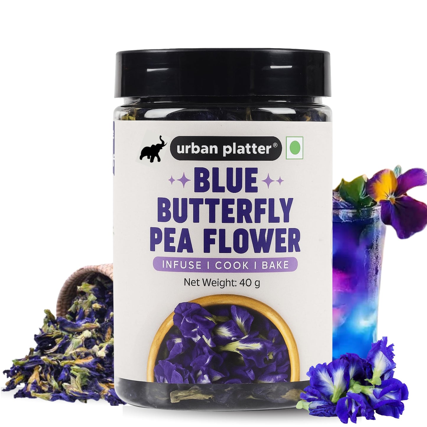 Urban Platter Blue Butterfly Pea Flower | 1.41 Oz (120+ Cups) | Dried Flowers for Tea | Rich in Antioxidants | Caffeine-Free Herbal Tea | Natural Blue & Purple Color for Iced Teas & Cocktails