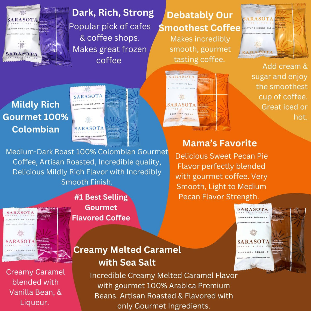 Ground Coffee Variety Packs, Ground Coffee Sampler Packs, Assorted Variety Coffee Packs, Coffee Packets, Medium, Dark, & Flavore
