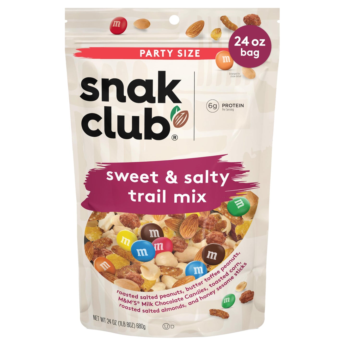 Snak Club Sweet and Salty Trail Mix with Peanuts, Butter Toffee Peanuts, M&MS Chocolate Candies, Toasted Corn, Honey Sesame Sti