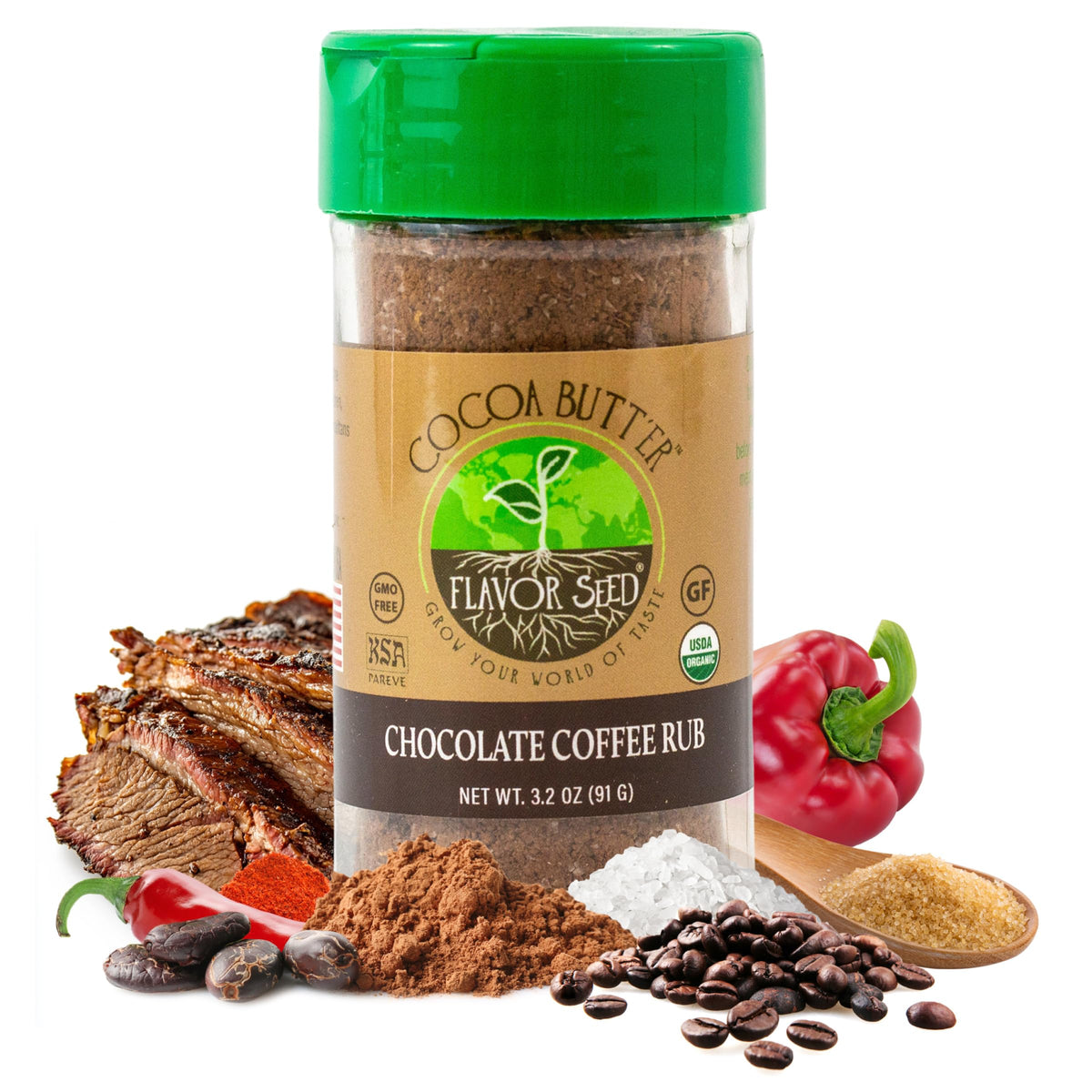 Flavor Seed Organic Butt Rub Seasoning & Chocolate Coffee Brisket Rub, 3.2 oz Shaker Jar, Non-GMO, Preservative Free