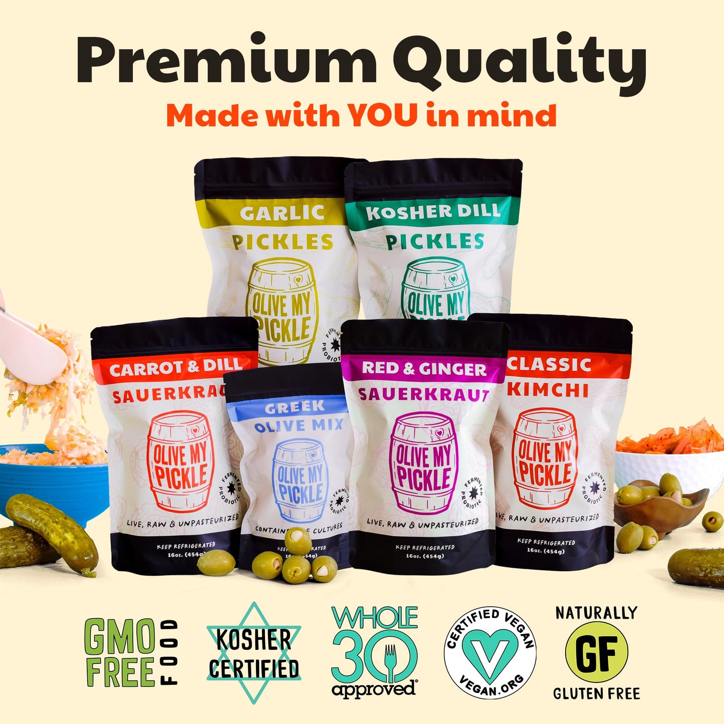 Olive My Pickle Fermented Sauerkraut Organic, Olives & Kimchi | 6 Pack of Carrot & Dill, Red & Ginger Sauerkraut, Garlic & Koshe