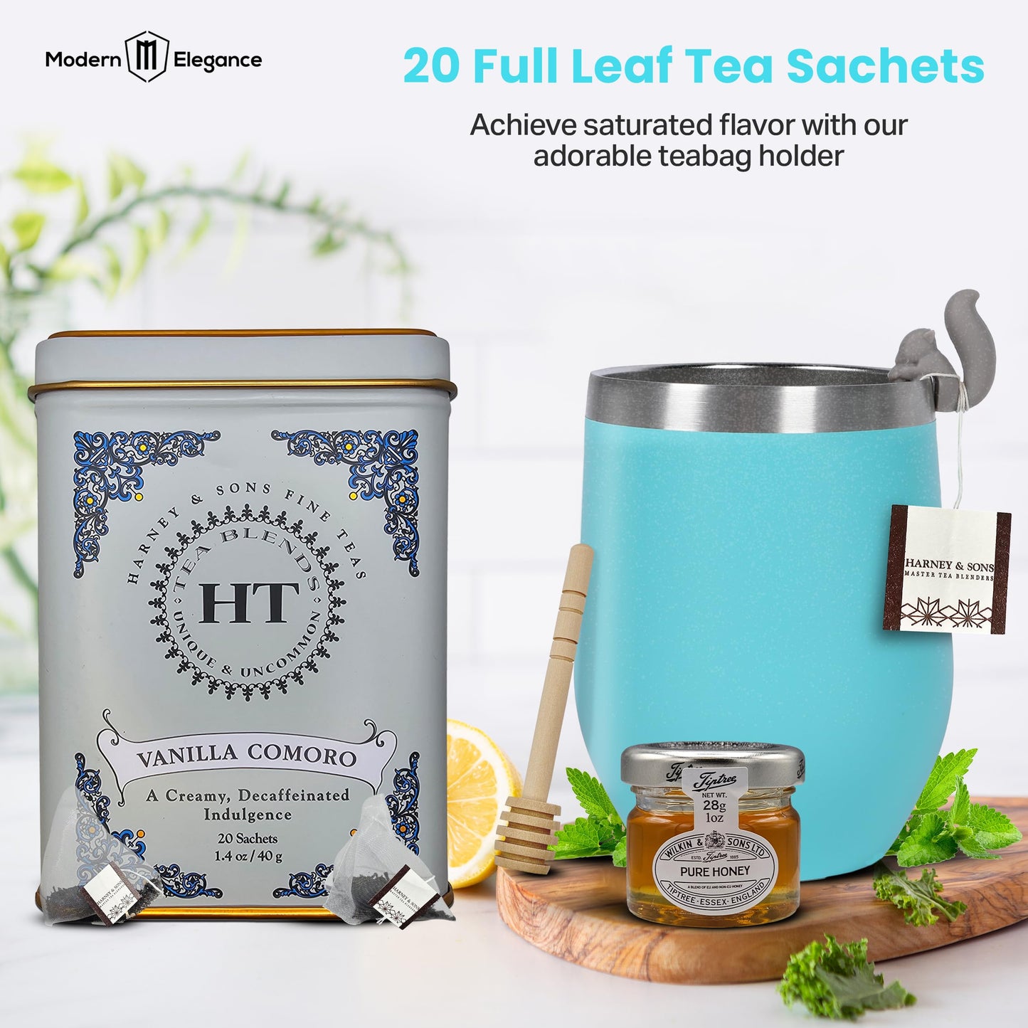 Modern Elegance Tea Gift Set for Women - Includes Cozy Socks, Stainless Tumbler, 20 Tea Sachets, Honey Jar & Sending Hugs Card