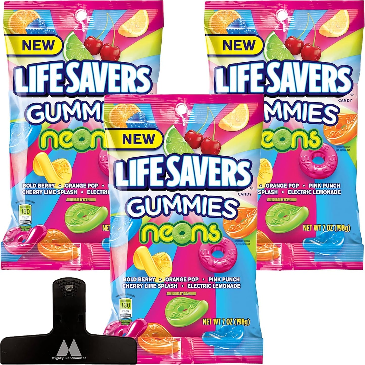 Lifesavers Neons Candy Gummies - 7 oz Bags (Pack of 3) - With Mighty Merchandise Bag Clip