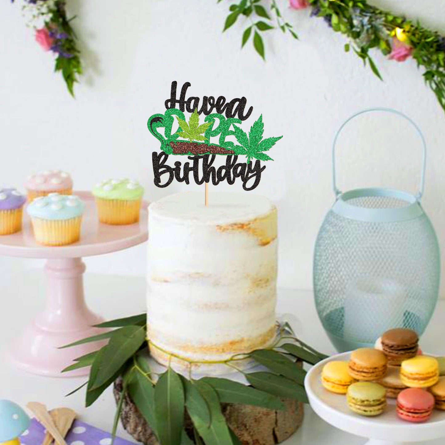 Ercadio Birthday Cake Topper Green Glitter Pot Leaf Happy Birthday Party Supplies