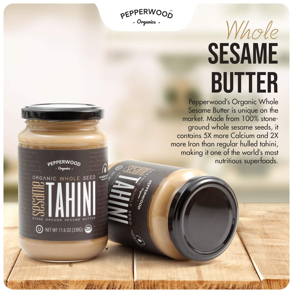 Organic Whole Sesame Tahini Paste - Unhulled & Stone-Ground - Silky Smooth Texture in Hummus, Dips, Dressings - Unsalted, Nut-Fr