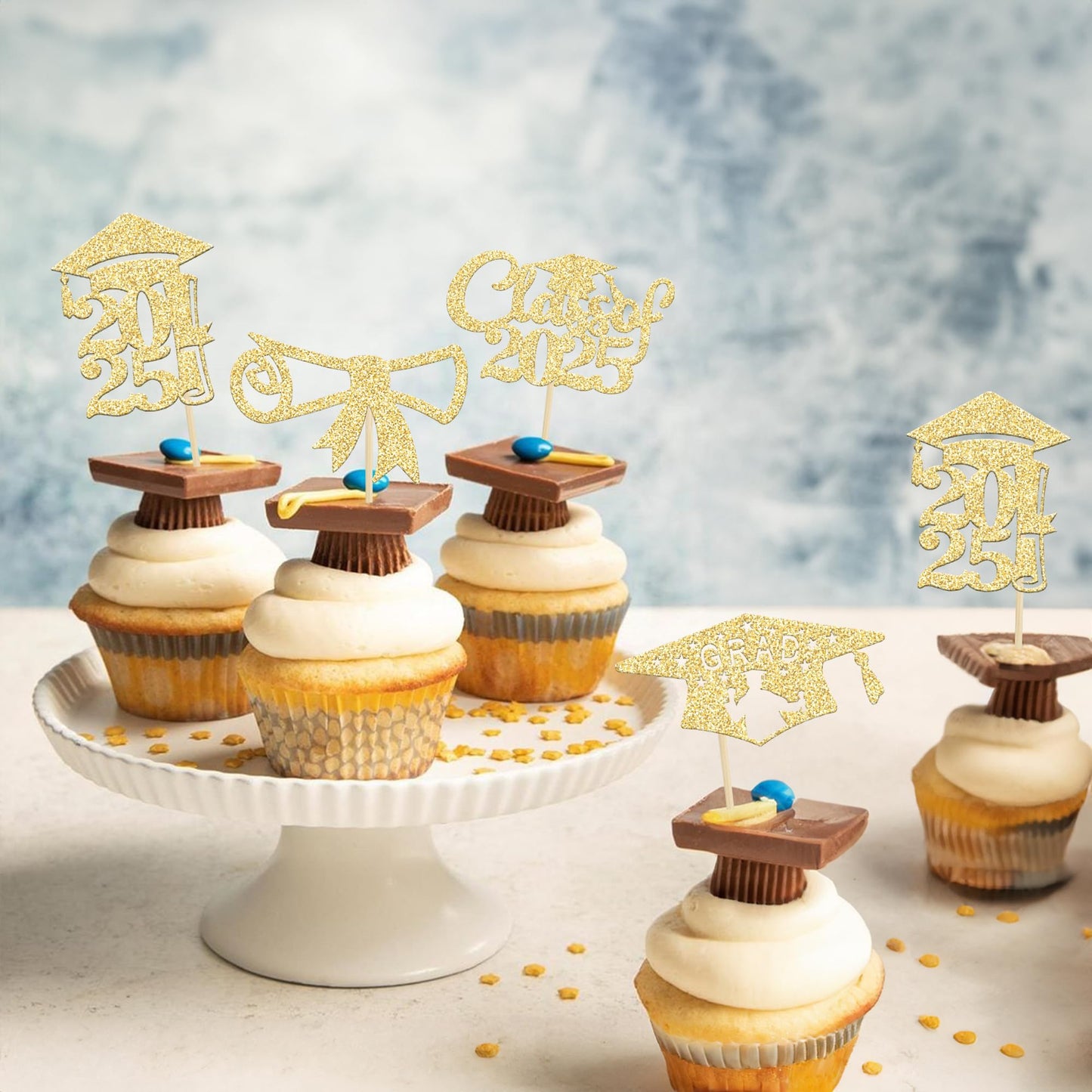 Gyufise Graduation Cupcake Toppers - 24 Pcs Gold Glitter Class of 2025 Diploma Caps for Party Decorations