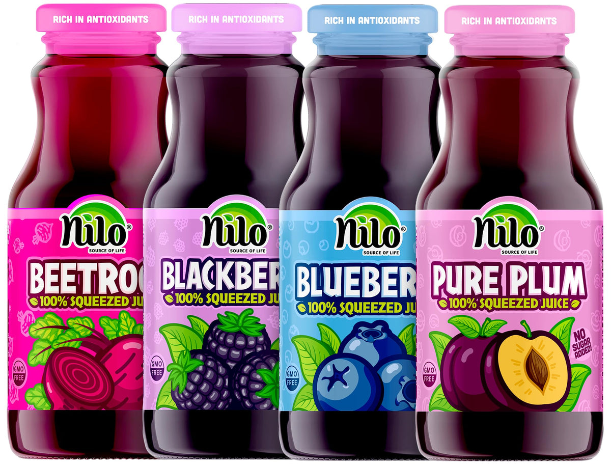 NILO Variety Pack | 100% Squeezed Juice Blackberry Blueberry Plum Beetroot | NO Sugar added | NON GMO | NOT From Concentrate | 8