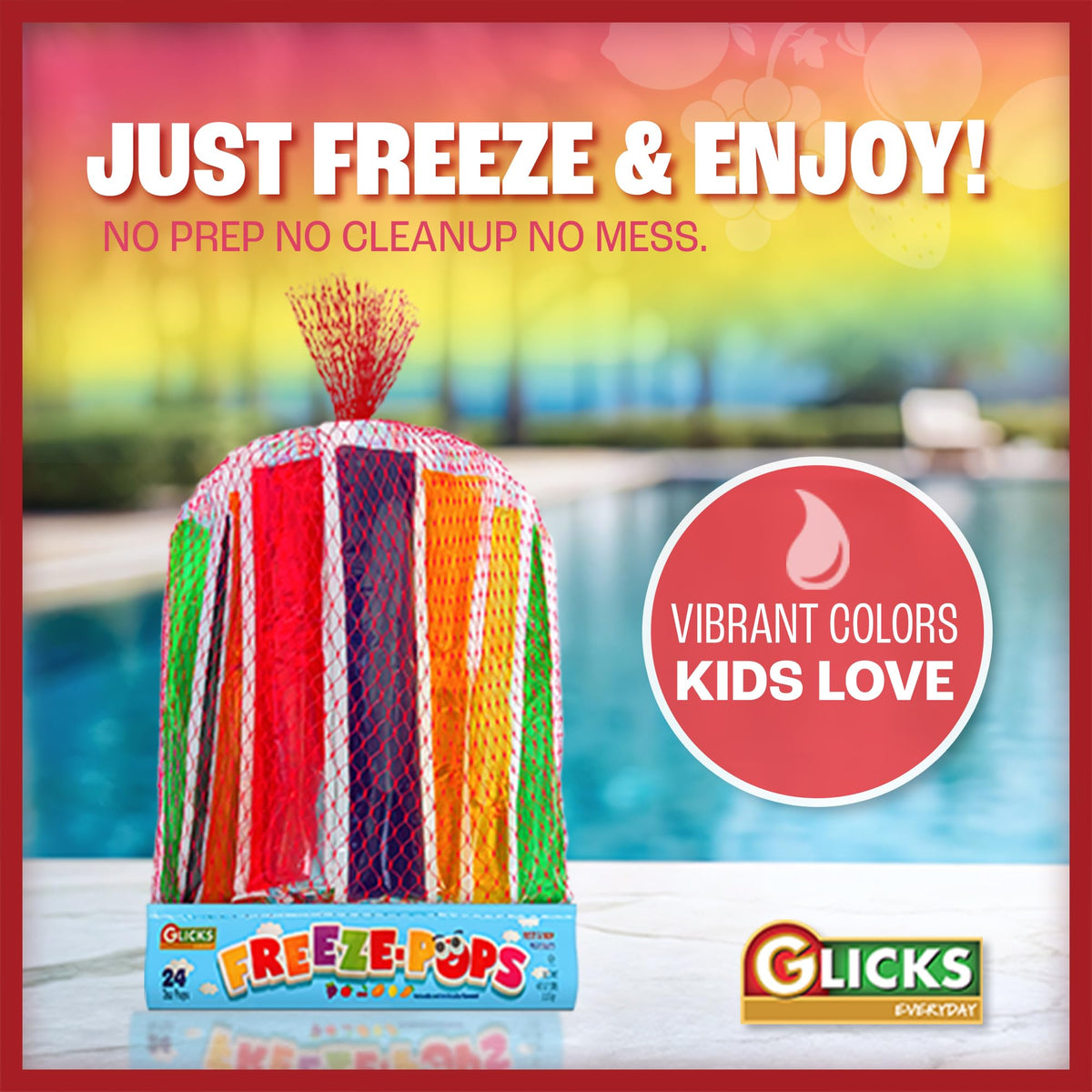 Glicks Freeze Pops - Assorted Flavors, Low Calorie Frozen Ice Pops, 24 Count, Fun Summer Treat