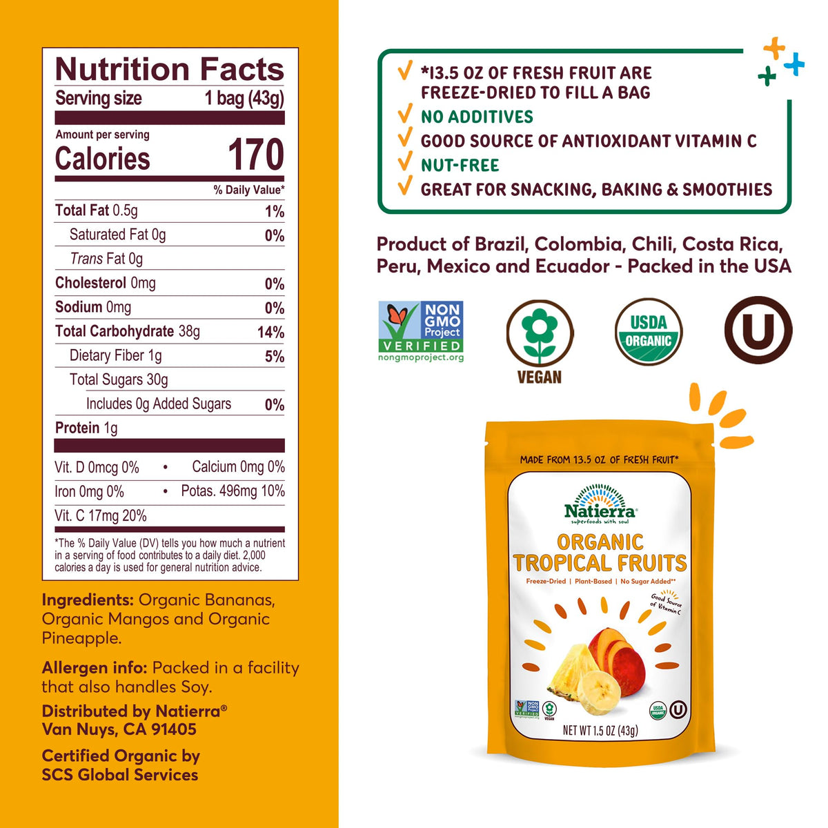 Natierra Organic Freeze-Dried Tropical Fruits | Non-Gmo & Vegan | 1.5 Ounce (Pack Of 2)