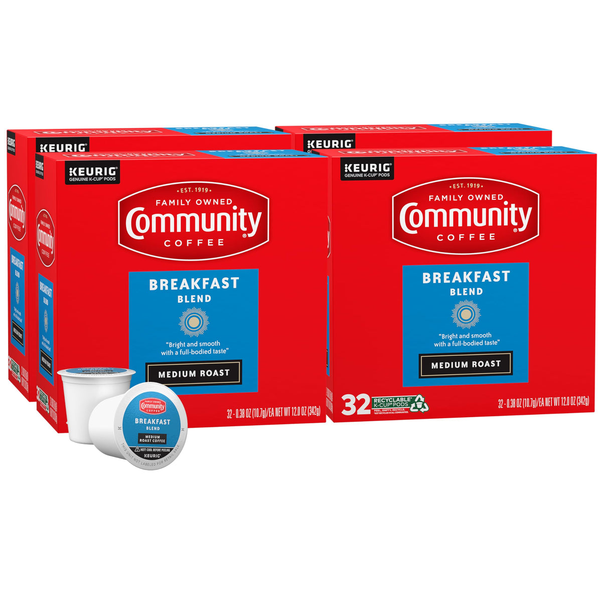 Community Coffee Breakfast Blend, Medium Roast, Single-Serve Keurig K-Cup Pods, 32 Count (Pack of 4)