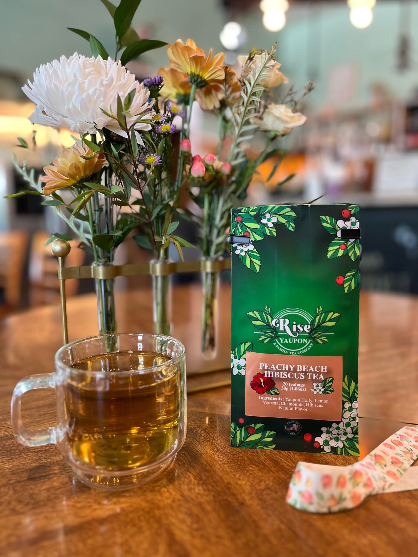 Rise Yaupon Tea - Peachy Beach Hibiscus Yaupon Holly, 20 Tea Bags, Caffeinated, Natural Peach Flavor, 1.06 oz