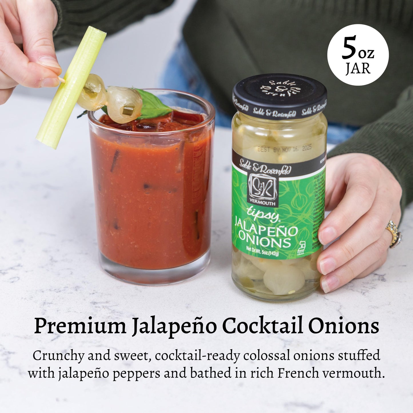 Sable & Rosenfeld Vermouth Tipsy Jalapeo Onions  5 oz Jar (Pack of 1)  Stuffed Pickled Silverskin Cocktail Onions  Kosher  Gluten-Free Martini Garnish