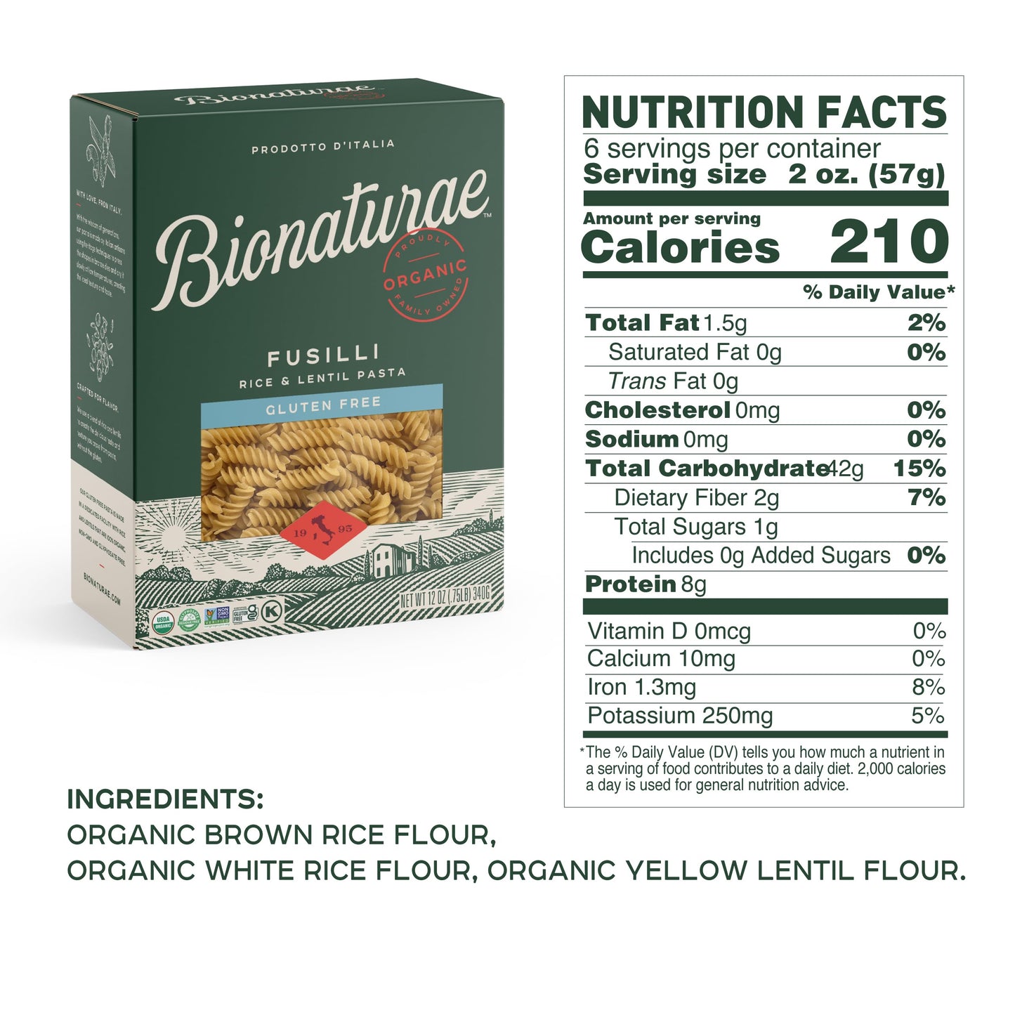Bionaturae Fusilli Pasta - Gluten Free Organic Rice & Lentil, High Protein, Kosher, 12 Oz (Pack of 4)