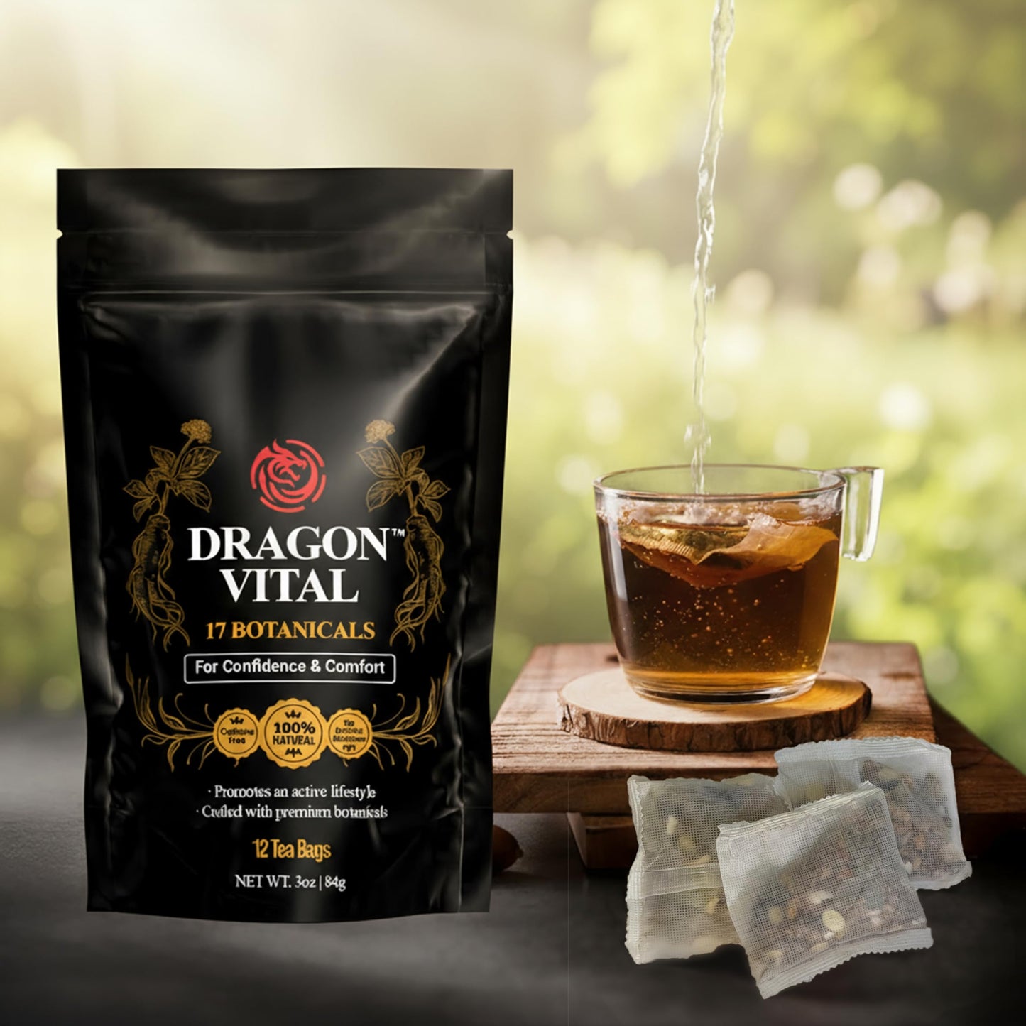 Dragon Vital Herbal Tea with Ginseng & Maca - Natural Energy Support | Caffeine-Free Botanical Blend for Vitality & Active Living | All natural - NON-GMO & No Preservatives |12 Tea Bags | by Robutop