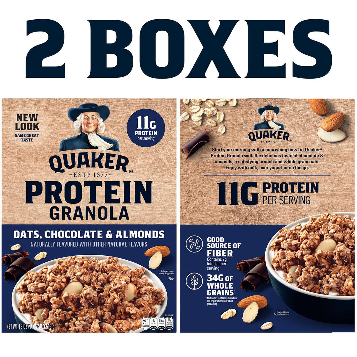 Quaker Protein Granola, Oats Chocolate, & Almonds, 18Oz Boxes (2 Pack)