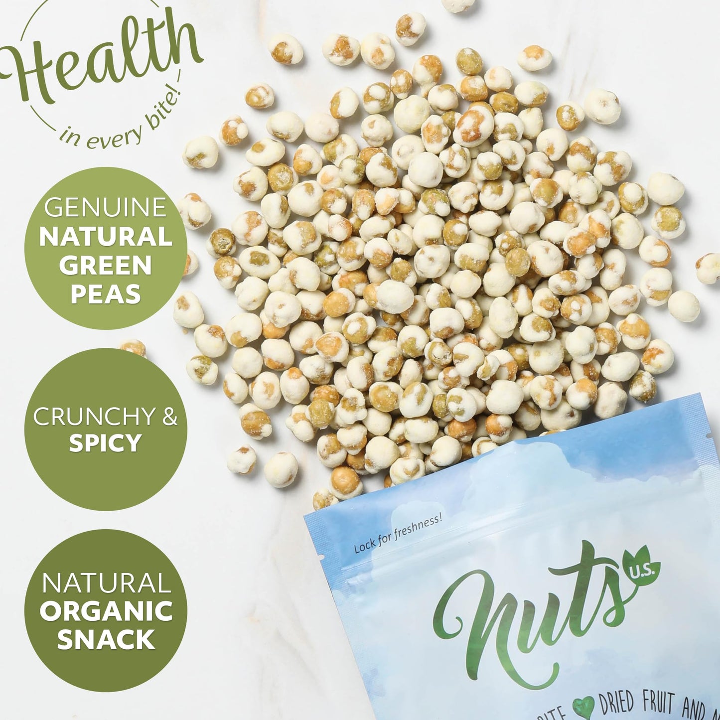 NUTS - U.S. Wasabi Coated Natural Green Peas, 100% Natural, Crunchy & Spicy, 48 Ounce Resealable Bag