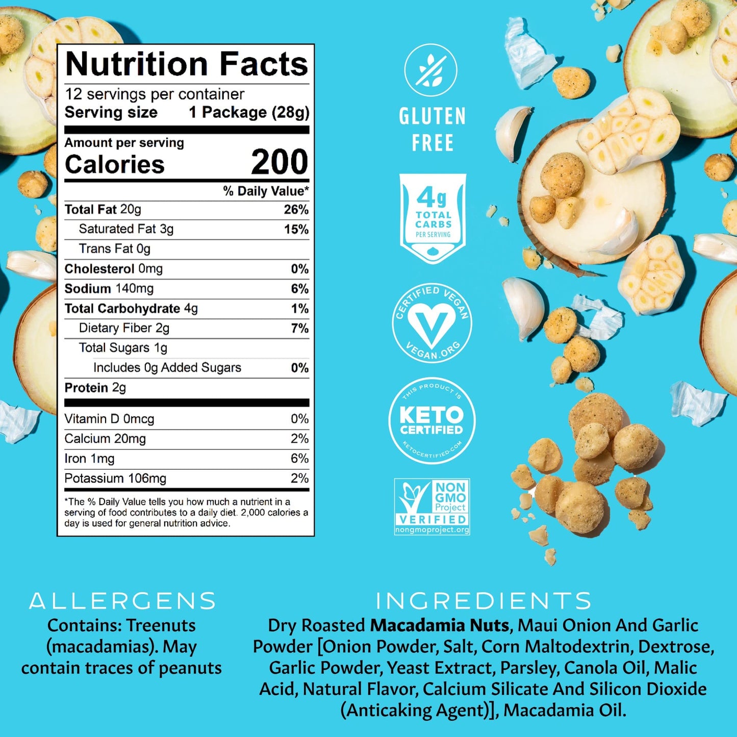 Macadamia Nuts, Garlic Onion Flavor, Snack Mac Mini Pouches, Single Serve 1 Oz Bags (Pack of 12)
