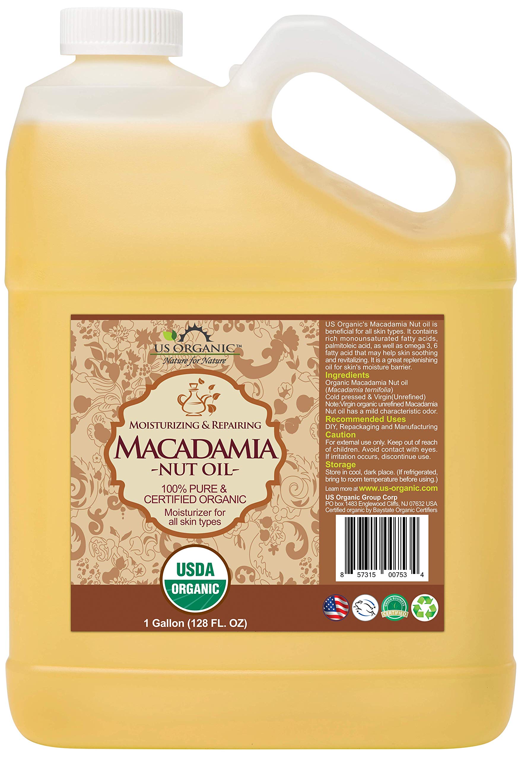 US Organic Macadamia Nut Oil, Unrefined Virgin, Cold Pressed, 128 Fl Oz (1 Gallon)