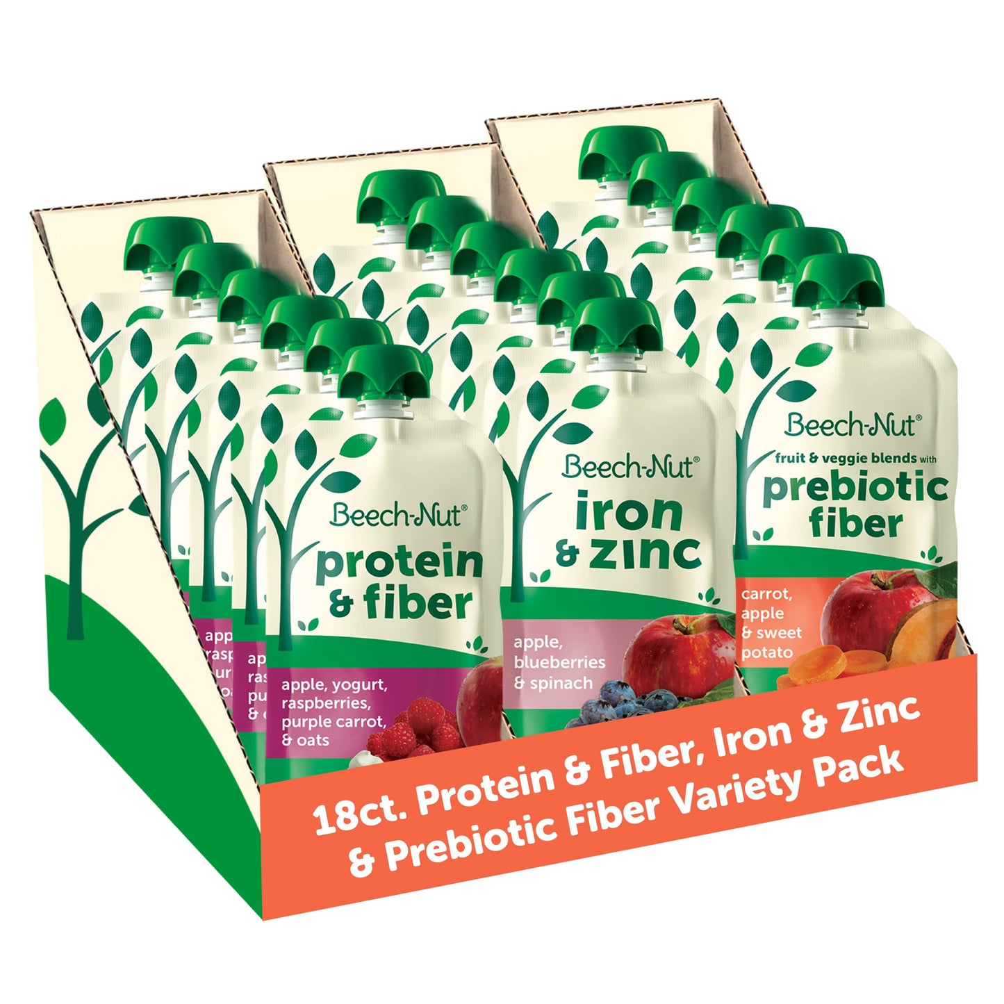 Beech-Nut Baby & Toddler Food Pouches Variety Pack, Protein & Fiber/Iron & Zinc/Prebiotic Fiber Fruit & Veggie Purees, 3.5 Oz (1