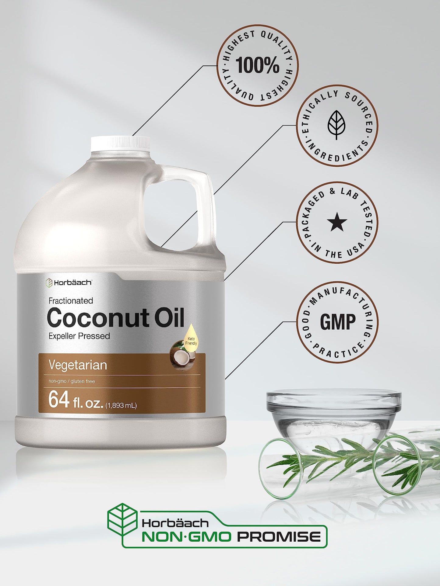 Horbäach Coconut Oil for Cooking, Fractionated & Unflavored, 64 Fl Oz, Vegetarian, Non-GMO, Gluten Free, Model CL14950
