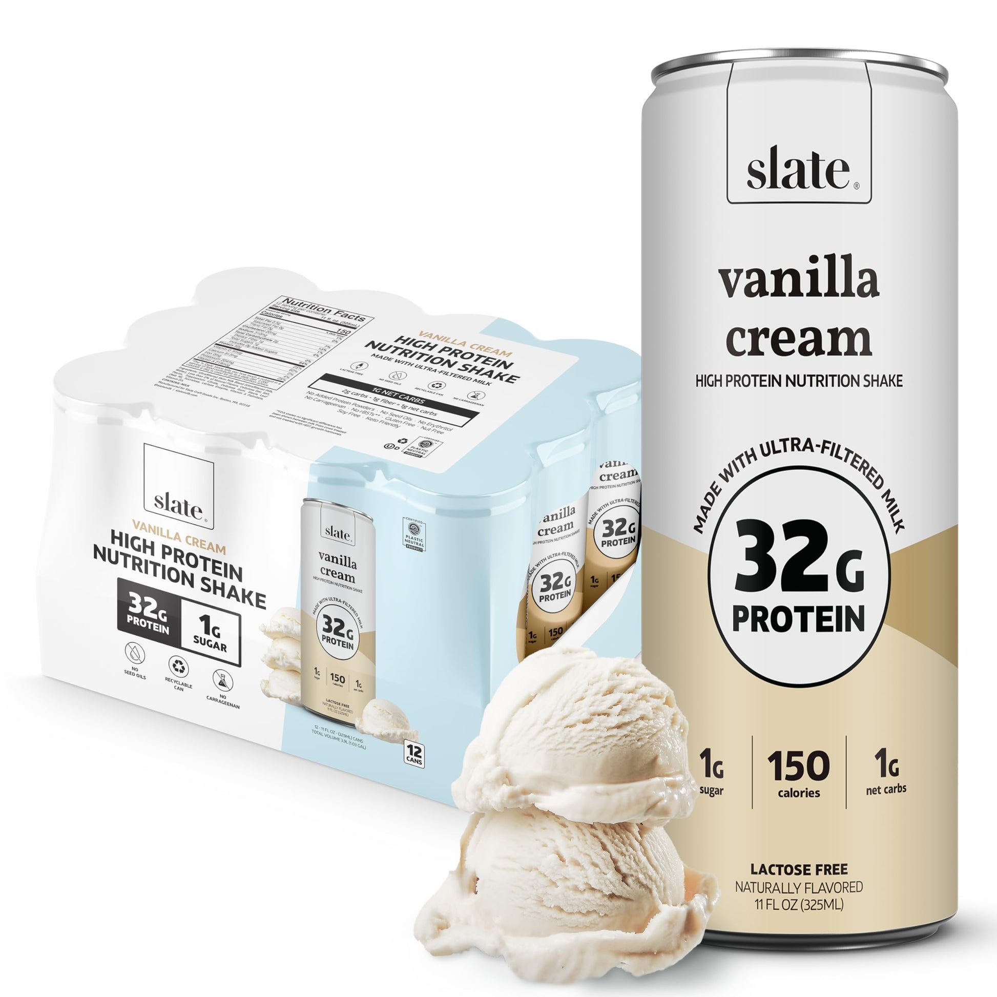 Slate Milk - High Protein Nutrition Shake - Vanilla Cream - 32g Protein, 1g Sugar, 150 Calories, 1g Net Carbs - Lactose Free - N