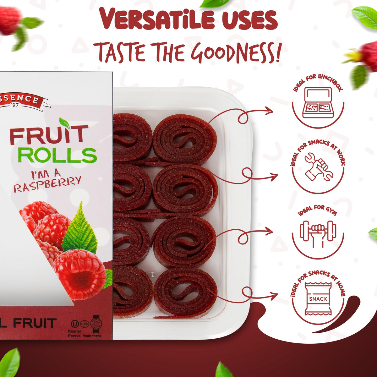 Essence 97 Fruit Roll Ups - Vegan, Non-GMO, No Added Sugar, Raspberry Fruit Strips, 16 Count Snacks for Kids and mature-themeds